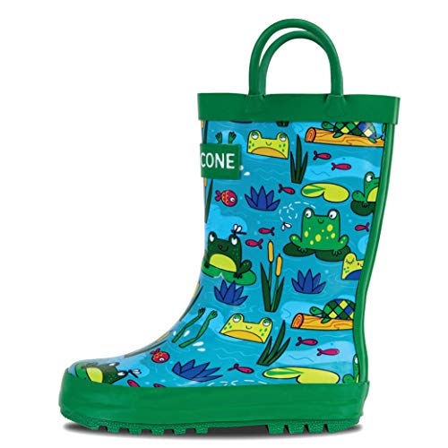 Lone Cone Rain Boots with Easy-On Handles in Fun Patterns for Toddlers and Kids, Frog Pond, 6 Toddler