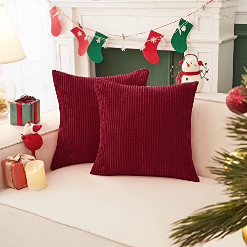 Deconovo Christmas Pillow Covers 18x18 Set of 2, Dark Red Throw Pillow Cover Stripe Pattern, 18x18 Inch, Soft Corduroy Cushion Covers Stripes for Living Room