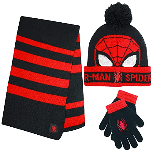 Marvel Spider-Man Kid’s Winter Hat Snow Gloves and Scarf for Boys and Toddlers 3 Pc Set Warm Pom-Pom Beanie with Accessories