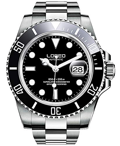 LOREO Mens Silver Stainless Steel Sapphire Glass Black Rotating Bezel Men's Automatic Watch (Black dial with Silver Stainless Steel Band)
