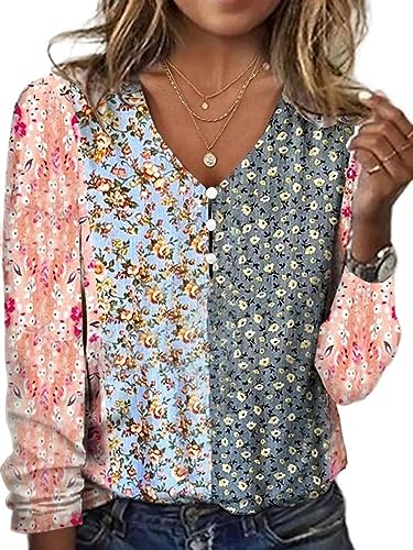 Womens Boho Floral Long Sleeve V Neck Button Dressy Casual Blouse Vintage Ethnic Print Sweatshirt Top Shirts