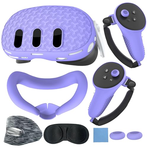 VR Cover Accessories for Meta Quest 3, MTomatoVR Protective Cover Set, Hard Shell Skin, Face Cover, Eyes Cover & Lens Cover, 2 Controller Grips + Button Caps Set for Quest 3, Purple