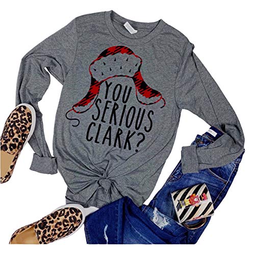 DORFALNE You Serious Clark Shirt Top Womens Christmas Long Sleeve Letter Print Cute Funny Baseball Graphic Tees Gray