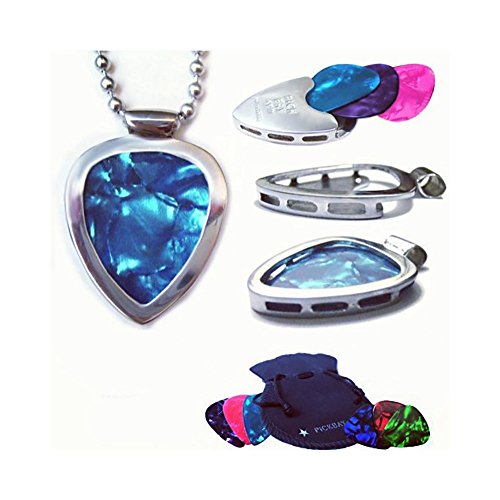 PICKBAY Guitar Pick Holder Pendant Necklace (Stainless Steel) & 6 Bright Jewel-tone Guitar Picks Set