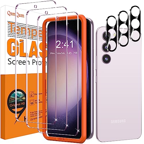 QsmQam 3 Pack Screen Protector for Samsung Galaxy S23 FE + 3 Pack Camera Lens Protector, Ultra HD Tempered Glass, 9H Hardness, Anti Scratch, Easy Installation - Case Friendly