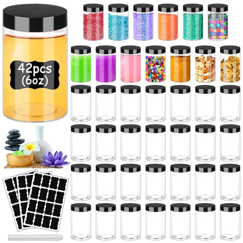 Plastic Jars with Lids 6OZ 42PCS,Small Cosmetic Slime Containers Clear Travel Round Jars Empty Refillable Sample Containers Leak Proof Pot Jars with Black Lids for Lotion, Cream, Cosmetics, Body Scrub