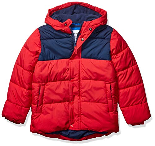 Amazon Essentials Boys' Heavyweight Hooded Puffer Jacket, Navy Red Color Block, Small