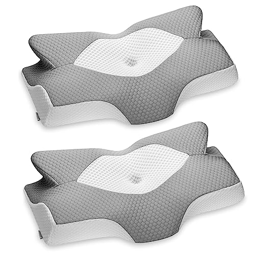 Elviros Cervical Memory Foam Pillow, 2 Pack Contour Pillows for Neck and Shoulder Pain, Ergonomic Orthopedic Sleeping Neck Contoured Support Pillow for Side Sleepers, Stomach Sleepers (Grey)