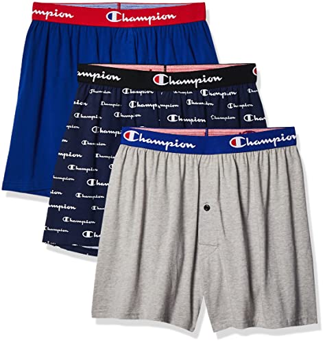 Champion Men's Cotton Stretch 3 Pack Boxer Shorts, Blue Script Logo/Oxford Grey Heather/Surf The Web Blue, Large