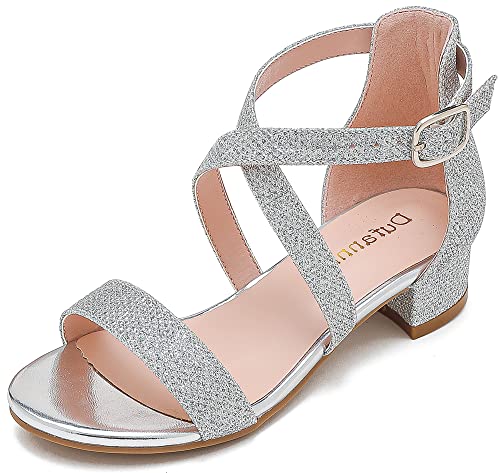 Dufannie Silver Dress Shoes for Girls Toddler High Heels for Wedding Birthday Party Low Heel Sandals With Adjustable Cross Strap for Toddler Littler Big Kids(3602Silver 4)