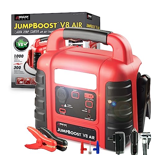 Wagan EL7552 Jumpboost V10 Air 1000 Peak Amps 12V Jump Starter with 260 PSI Powerful Air Compressor Tire Inflator, 1 Built-in DC Socket and 2A USB Port, Work Light