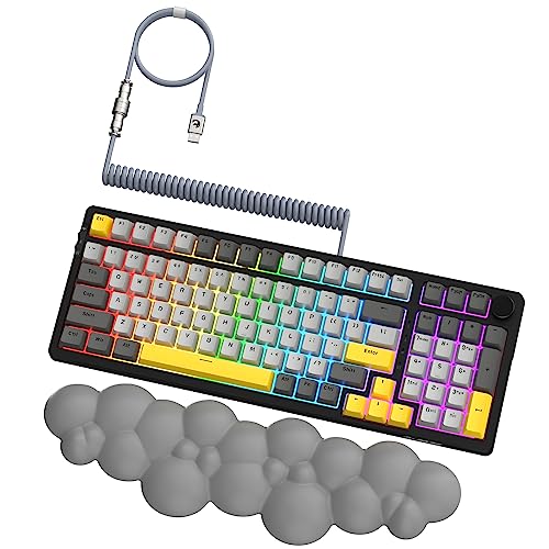 AJAZZ AK992 Wireless Mechanical Gaming Keyboard and Cloud Wrist Rest and Coiled Cable, 2.4G/BT5.0/Wired, RGB Backlit Hot Swappable, Gasket Mount,Knob Control, 3 in 1 PC Gamer Accessories(Brown Switch)