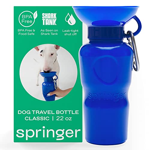 Springer Dog Water Bottle | Portable Travel Water Bottle Dispenser for Dogs - As Seen on Shark Tank | Patented, Leak-Proof Bottles Fill Bowl with Water - Ideal for Walking | BPA-Free 22oz Indigo
