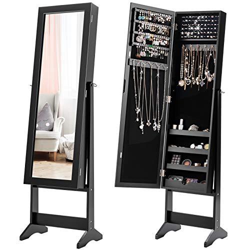 Giantex Jewelry Cabinet with Full-Length Mirror, Standing Jewelry Armoire Organizer with 64 Earring Slots, 20 Necklace Hooks, 72 Ring Slots, 4 Storage Shelves, 3 Angel Adjustable (Black)