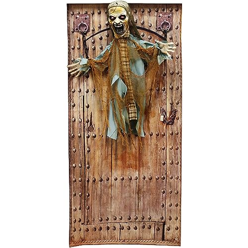 Haunted Hill Farm Animatronic Twisting Zombie in Chains with Backdrop and Folding Door Hook for Scary Hanging Halloween Decoration