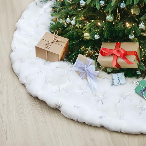 Christmas Tree Skirt 48 Inch White Fur Thickened with Sequin Silver Snowflakes Christmas Tree Decorations for 5/6/7 Ft Christmas Decorations for Christmas Holiday Ornament Home Xmas Decor Navidad