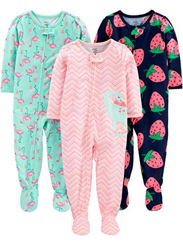 Simple Joys by Carter's Baby Girls' Loose-Fit Polyester Jersey Footed Pajamas, Pack of 3, Dinosaur/Flamingo/Strawberry Print, 6-9 Months