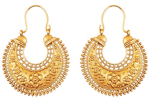 Touchstone Indian bollywood pretty fringes and floral theme ethnic south Indian chandbali moon bridal designer jewelry chandelier earrings for women in antique gold tone.