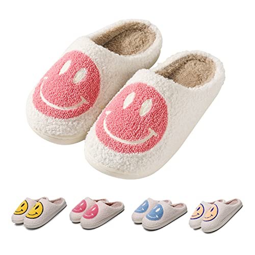 FACAXEDRE Retro Smile Face Slippers, Soft Plush Comfy Preppy Women Slippers, Smile Cushion Slides, Fluffy House Slippers for Men Pink 8.5-9.5