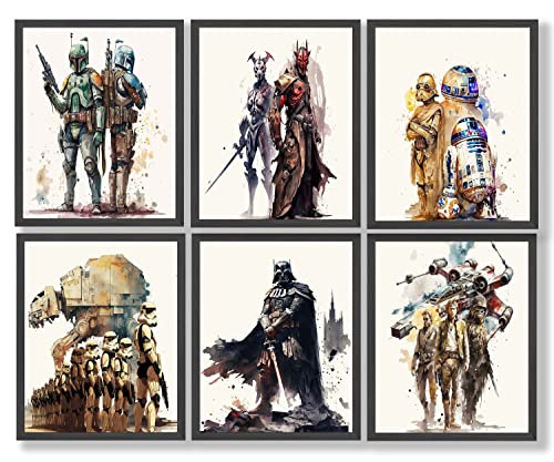 Star Wars Poster Watercolor Prints Set Of 8 8x10 Inch - Star Wars Decor - Bathroom, Bedroom Living Room Decor, Birthday Gift - Darth Vader, Stormtrooper, Boba Fett, ATAT R2D2, BB8