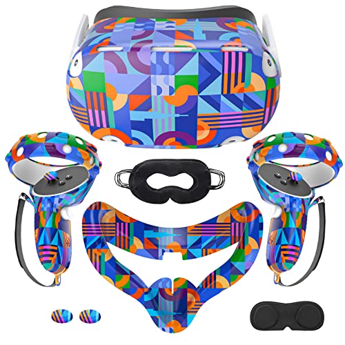 Silicone Cover Accessories Compatible with Oculus Quest 2丨Headset Silicone Face Cover丨Shell Cover丨Touch Controller Grip Cover丨Protective Lens Cover丨Disposable Eye Cover (Colorful Geometry)