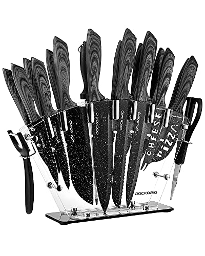 Dockorio all in one Kitchen Knife Set with Block, 19 PCS High Carbon Stainless Steel Sharp Serrated Steak Knives Set, Chef Knives, Bread Knife, Scissor, Sharpener,
