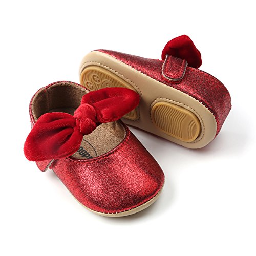 Baby Girls Mary Jane Flats Anti-Slip Rubber Sole Bow Toddler Princess Dress Shoes Red 6-12 Months Infant