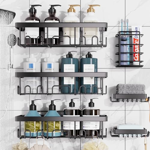 Veken Adhesive Shower Caddy 6-Pack,Heavy Weight Bearing,Large Wall Mounted Shower Shelves Rack,Organizer Storage Accessories with Soap Dish&Toothbrush Holder,Ideal for Bathroom,Home&Kitchen,Black