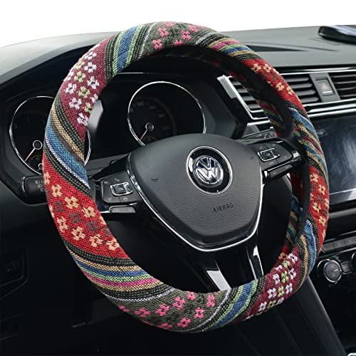 AKAUTO 15 inch Baja Car Steering Wheel Cover, Baja Blanket Ethnic Style, Anti-Slip Cute Weave Flax Cloth Steering Wheel Protector, Breathable Sweat Absorption Decor Covers Fit Most Cars SUV
