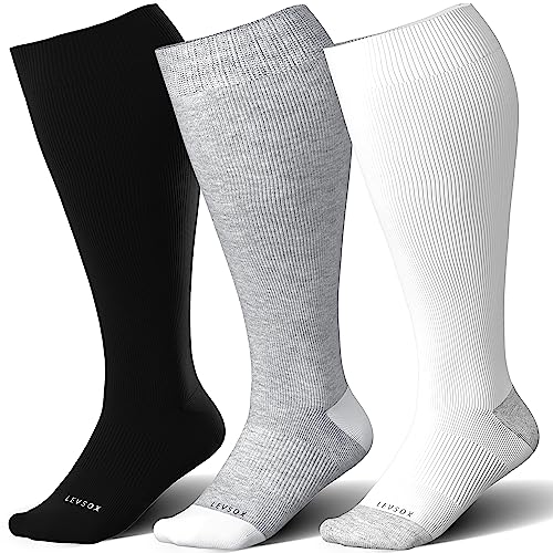 LEVSOX Plus Size Compression Socks for Women&Men Wide Calf 15-20 mmHg Knee High Extra Large Calf Support Socks for Nurse, Medical, Travel, Black, Grey, White
