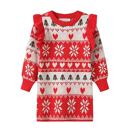 Mud Kingdom Toddler Girls Christmas Dress Knitted Pull On Ruffle Christmas Tree Gift Red 3T