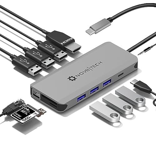 Nov8Tech Laptop Docking Station for MacBook Air, Pro, M1/M2/M3 2016-2023, 12 in 1 USB Hub Multiport Adapter, USB C Hub 4K HDMI, USB 3.0/2.0, SD/MicroSD Slots 100W Power Delivery, LAN, 3.5mm Stereo.