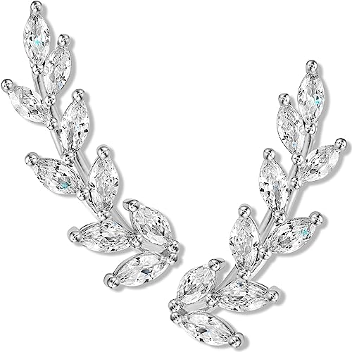 Humble Chic Ear Crawler Earrings for Women, Silver Ear Cuff, Climbing Leaf Ear Climbers Earrings for Women, Bridal Ear Jacket Earrings, Silver Earrings Simulated Diamond CZ Studs, Silver Tone