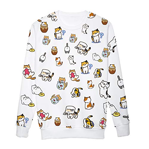 Anime Game Neko Atsume Cute Cat Pullover Tops Cartoon Unisex Sweatshirt White