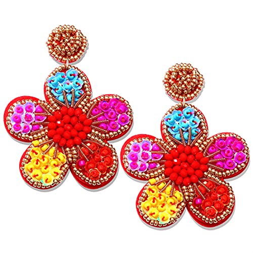 Beaded Drop Earrings Statement Colorful Beaded Flower Earrings Handmade Bohemia Tropical Beadwork Dangle Earrings For Woman (rainbow)