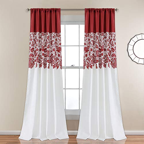 Lush Decor Estate Garden Print Curtains Room Darkening Window Panel Set for Living, Dining, Bedroom (Pair), 84” x 52”, Red