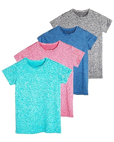 Real Essentials 4 Pack: Girls Short Sleeve Shirts Tees Active Quick Dry Fit Crew Neck T-Shirt Active Athletic Tops Soccer Sports Yoga Young Teen Chica's Kids Zebra Summer Clothes - Set 2, M (10-12)