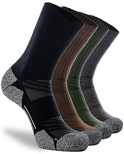 CWVLC Hiking Crew Socks, 4-Pack Men Women Boot Socks for Walking, Hunting, Camping, Winter Outdoor Work, Cosy Cushion, Moisture Wicking, Arch Compression, Anti Blister, Large, Black Gray Green Brown