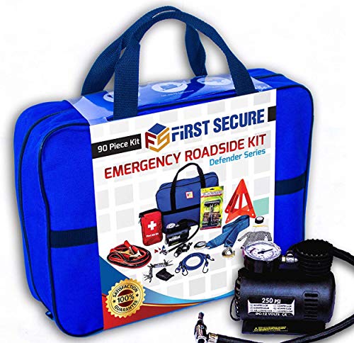 First Secure - 90 Piece Car Emergency Roadside & First Aid Kit Inside - Long-Lasting Quality - Essential Emergency Tool Kit - Survival & Safety Solution - Peace of Mind on the Road