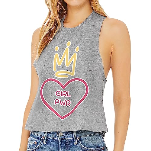 Girl Pwr Racerback Cropped Tank - Women Power Women's Tank - Printed Tank Top - Athletic Heather, S