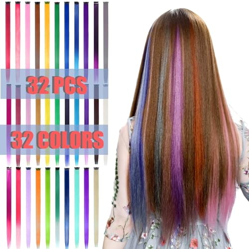 32 PCS Colored Clip in Hair Extensions - BEAHOT 20 Inches Rainbow Long Straight Hairpieces Clip in Synthetic, Halloween Cosplay Dress Up Fashion Party Christmas New Year Gift for Women Kids Girls