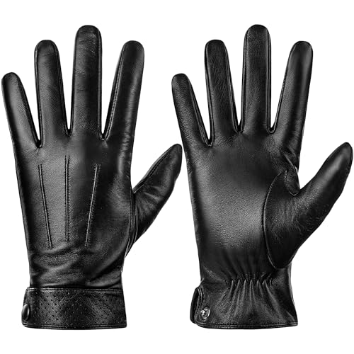 Dsane Winter Genuine Sheepskin Leather Gloves for Men, Warm Touchscreen Texting Cashmere Lined Driving Motorcycle Gloves (Black, L)