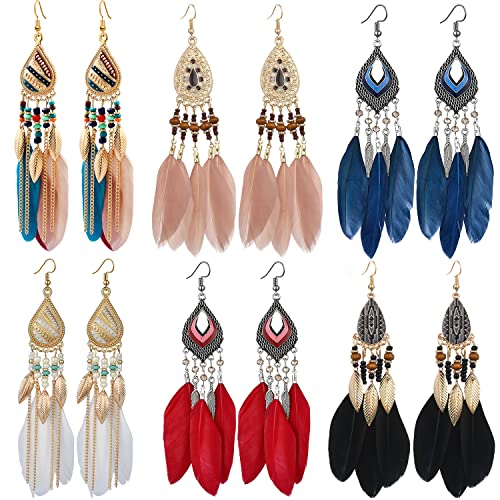 6 Pairs Women Feather Earrings Bohemian Fringe Tassel Long Drop Dangle Earrings Set with Dream Catcher Design Boho Earrings for Women Girls Birthday Christmas Holiday Party (Style 2)