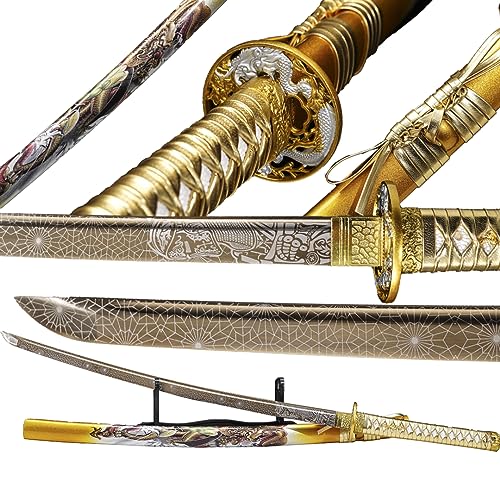 Kamaiwo-1045/1060 high Carbon Steel Hademade Heat Tempered Full Handmade Hand Forged Japanese Katana Authentic，Sword Real Weapons，Full Tang,Functional,Practical Sharp，Golden