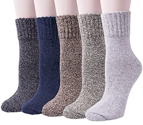 5 Pack Womens Wool Socks Winter Warm Socks Thick Knit Cabin Cozy Crew Soft Socks Gifts for Women, Grey Large