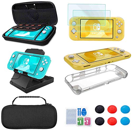 Accessories Kit for Nintendo Switch Lite - YOOWA Accessories Bundle with Carrying Case, Protective Cover case, 2-Pack Tempered Glass Screen Protector, Adjustable Play Stand, 6 Thumb Grips