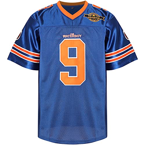 Bobby Boucher #9 The Waterboy Adam Sandler Movie Mud Dogs Bourbon Bowl Football Jersey (Blue, Large)