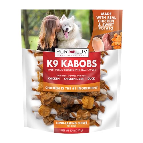 Pur Luv Dog Treats, K9 Kabobs for Dogs Made with Real Chicken, Duck, and Sweet Potato, 12 Ounces, Healthy, Easily Digestible, Long-Lasting, High Protein Dog Treat, Satisfies Dog's Urge to Chew