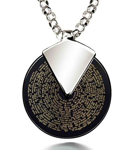 925 Sterling Silver I Love You Necklace Pure Gold Inscribed in 120 Languageson Spinning Round Black Onyx Gemstone Anniversary Birthday Gift Pendant, 18' Chain