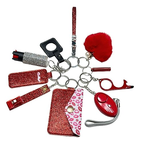 ADJCF Safety Keychain Set : Gift for Girls, Women – 10 Pcs Protective Keychain Accessories Kit with Wristlet Strap, Whistle, and Pom Pom